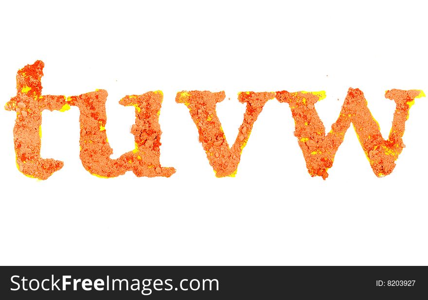 Original alphabet, the crushed orange chalk, letters tuvw