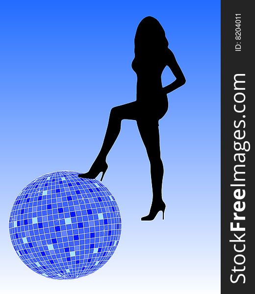 Illustration of girl and disco ball. Illustration of girl and disco ball