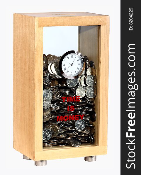 A glass moneybox with a watch full of coins