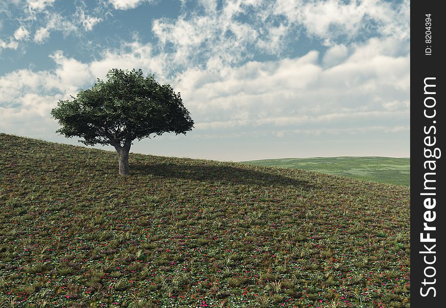 Computer generated illustration of a single tree in a flowery meadow.