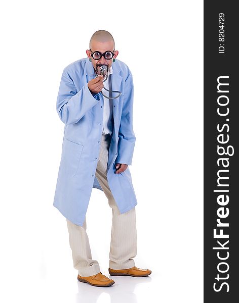 Nutty doctor watching his stethoscope with funny spectacles, on white background