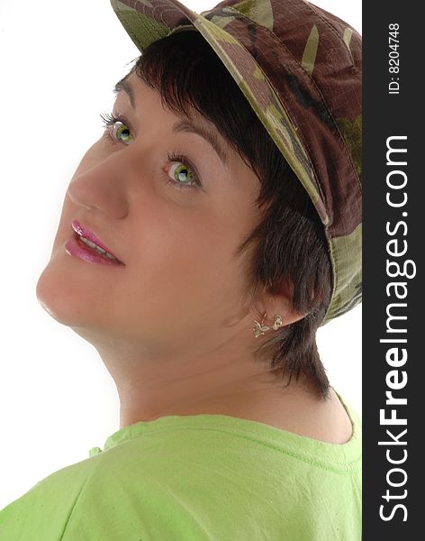 Smiling woman in green on a white background. Smiling woman in green on a white background