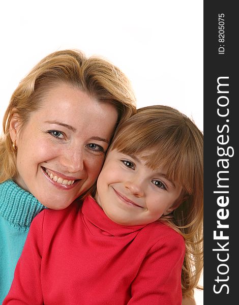 Portrait of happy mother and daughter isolated on a white background