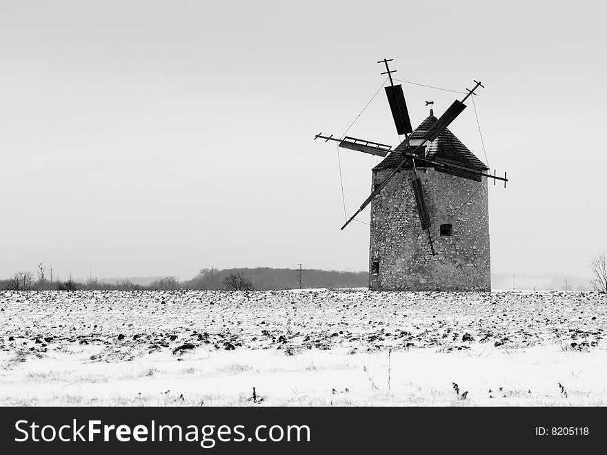 A windmill after blizzard in the Bakony-mountains.