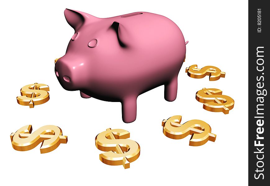 Pink piggy bank-toy and gold dollars