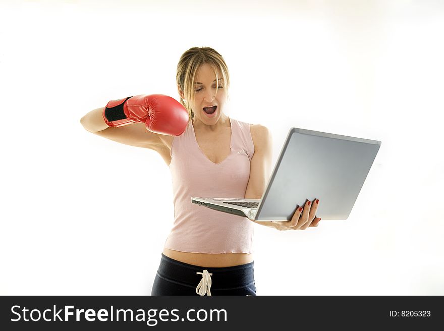 Young woman fighting work problems