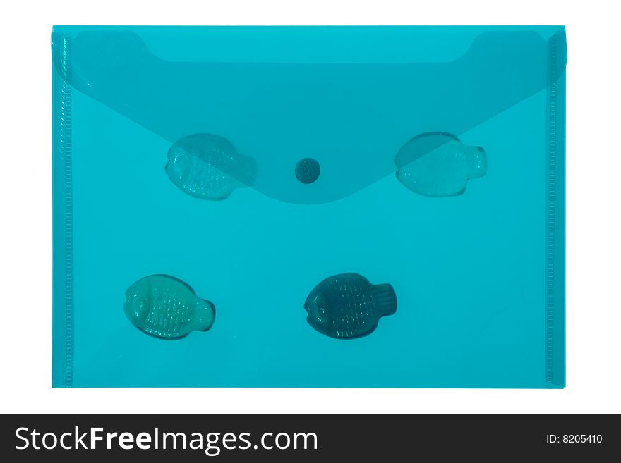 Four fishes in blue transparent envelope on white background