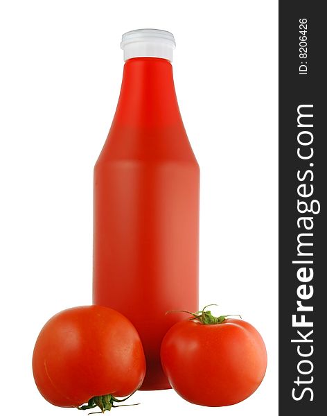 Red plastic bottle and two tomatoes on a white