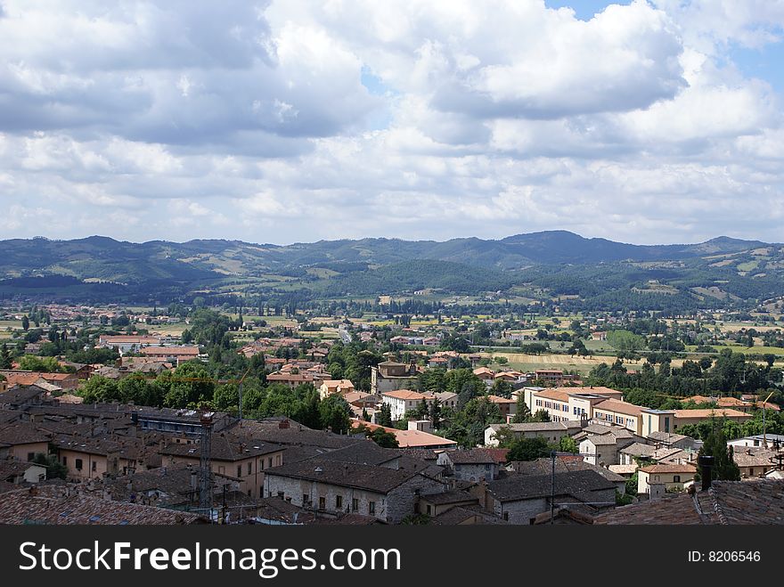 A view of the Italian countryside of Gubbio in Umbria.