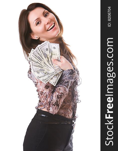 Cheerful young lady holding cash and smiling. Cheerful young lady holding cash and smiling