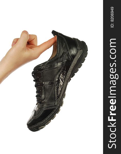 Masculine boot on a hand on a white background. Masculine boot on a hand on a white background