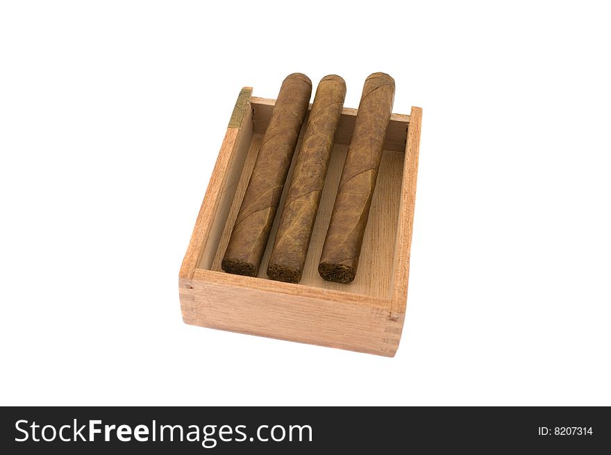 Threein cigars in box isolated on white