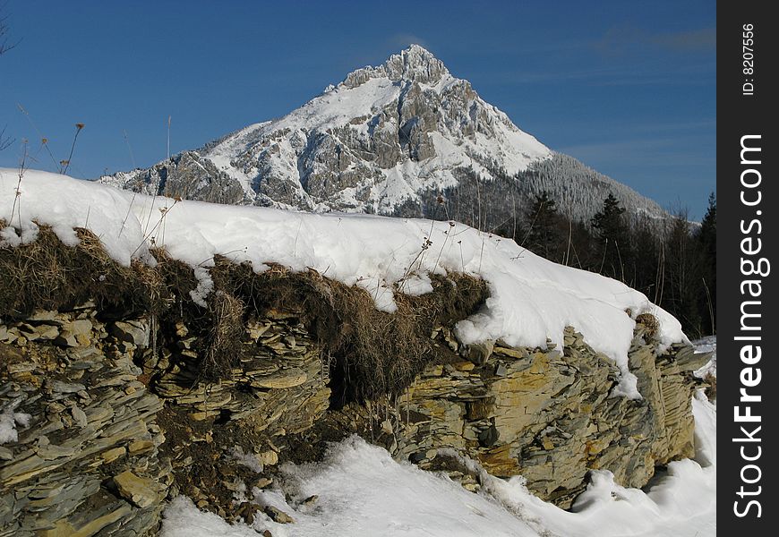 High Peak in snowy mountains