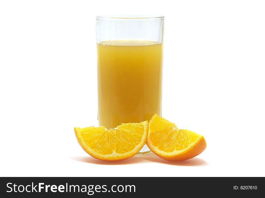 Orange juice and two orange slice. White background
