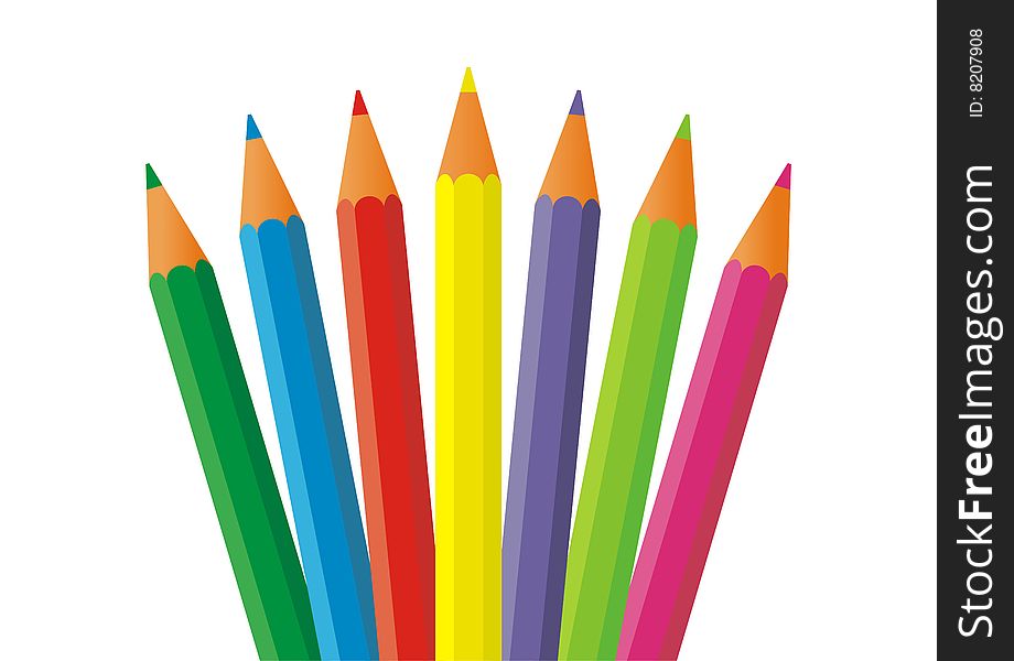 On a white background there are seven colour pencils. They are located in the bottom part of a composition. Pencils have a sharp tip. On a white background there are seven colour pencils. They are located in the bottom part of a composition. Pencils have a sharp tip.