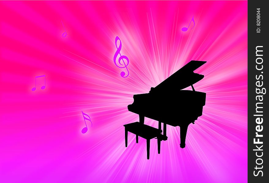 Piano instrument on a colorful background with notes in the air. Piano instrument on a colorful background with notes in the air