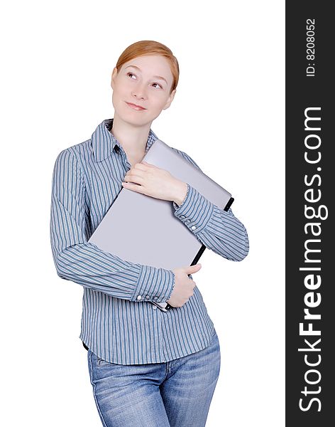 Young business woman with the laptop isolated on a white background