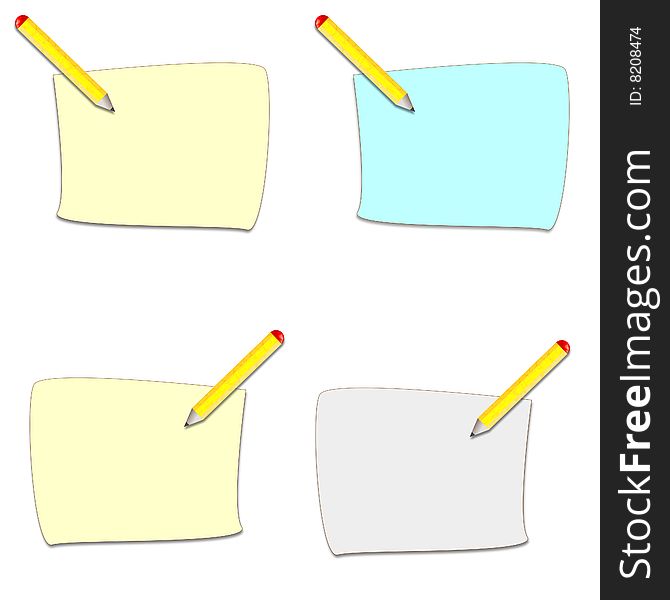 Pencil and paper sheet icons or clip arts, soft colors. Pencil and paper sheet icons or clip arts, soft colors