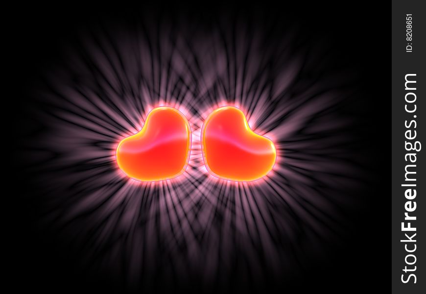3D generated image of two hearts on black background. 3D generated image of two hearts on black background.