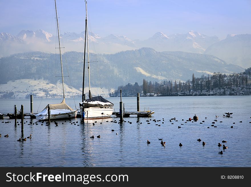 Lake Lucerne in winter evening. Switzerland. Lake Lucerne in winter evening. Switzerland