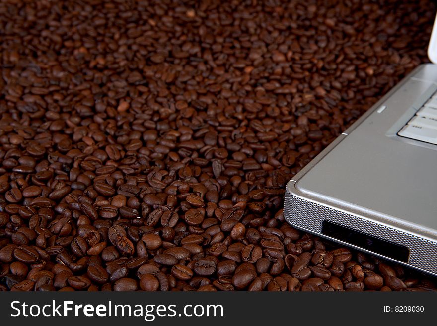 Silver laptop on coffee beans
