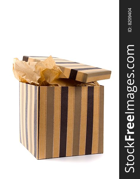 Isolated open gift box with craft paper inside