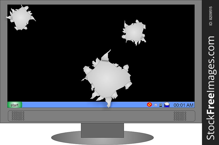 Screen on monitor, has holes torn in it. Screen on monitor, has holes torn in it