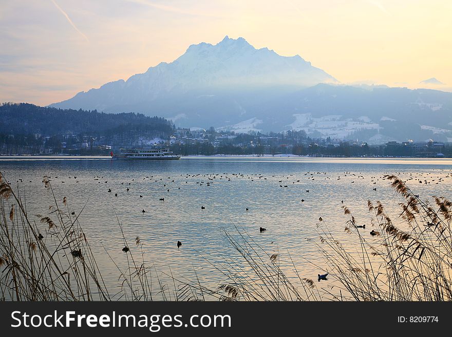 Park area in Luzern, on the lake, the mount Pilatus in a center of the picture. Park area in Luzern, on the lake, the mount Pilatus in a center of the picture