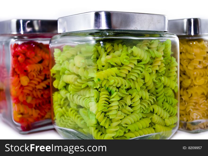 Close Up Of Coloured Pasta In Jars