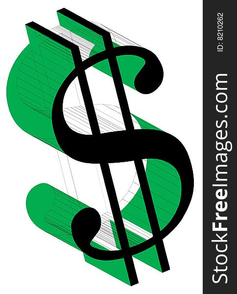 Dollar sign in bright green with wireframe. Dollar sign in bright green with wireframe