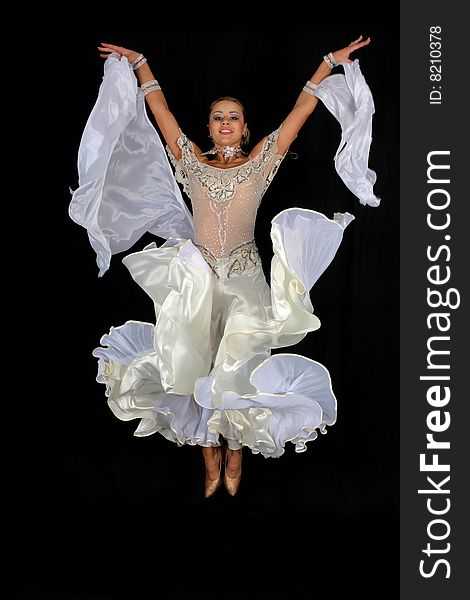 Girl fly in dance in classical blue-white dress