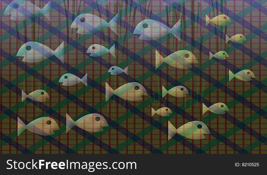 Assorted colored fish swimming back and forth caught in net. Assorted colored fish swimming back and forth caught in net