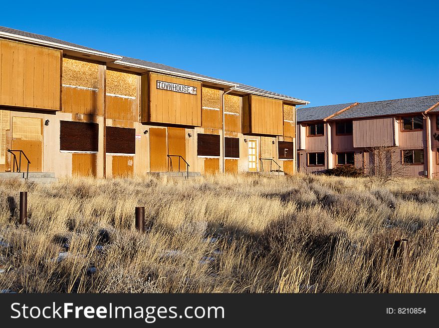 Abandoned townhouses in Jeffrey City, Wyoming - a Uranium-mining boomtown established around 1957, it went bust when the mine shut down in 1982 and 95% of its population fled the city.