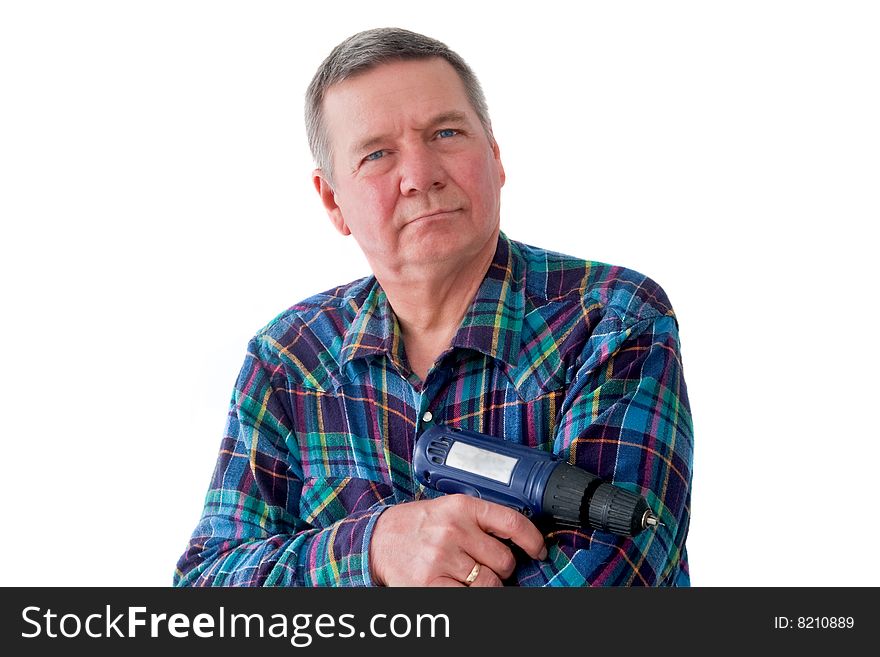 Portrait of mature handyman with cordless drill, isolated on a white background. Portrait of mature handyman with cordless drill, isolated on a white background.