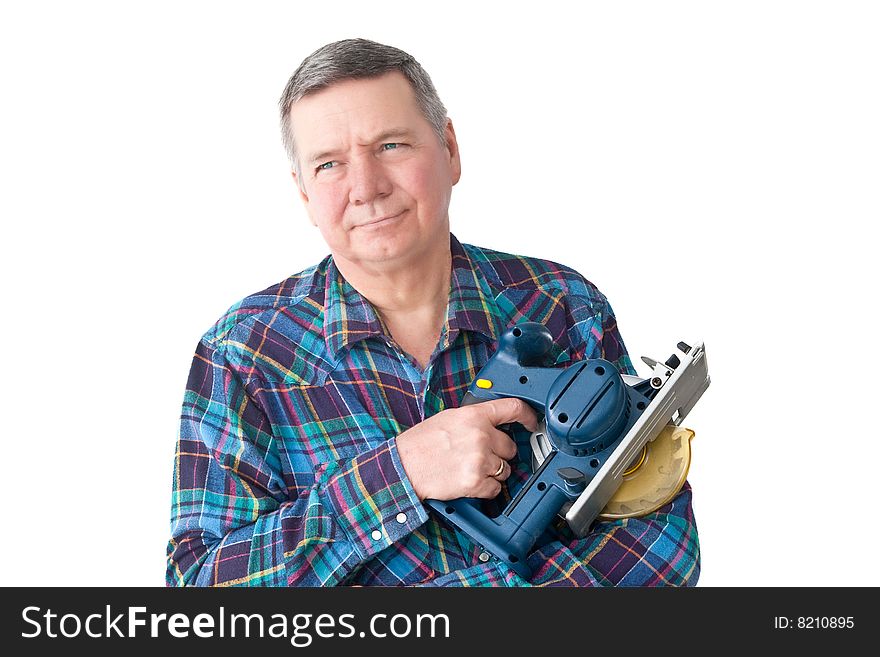 Portrait of mature Handyman with circular saw, isolated on a white background.