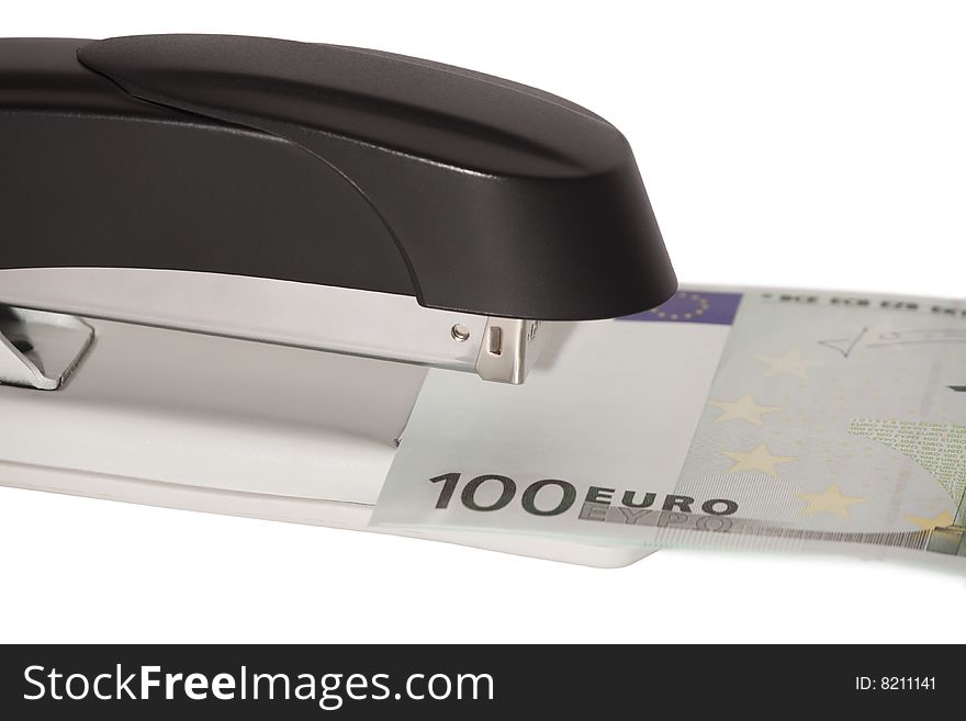 Stapler with stack of euros isolated on white background. Stapler with stack of euros isolated on white background