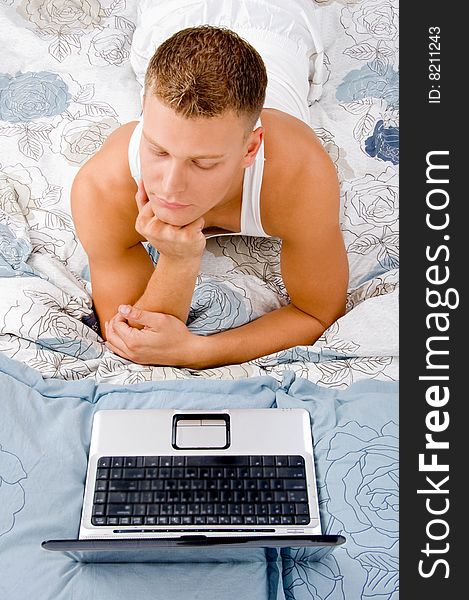 Man resting and thinking something in bed. Man resting and thinking something in bed