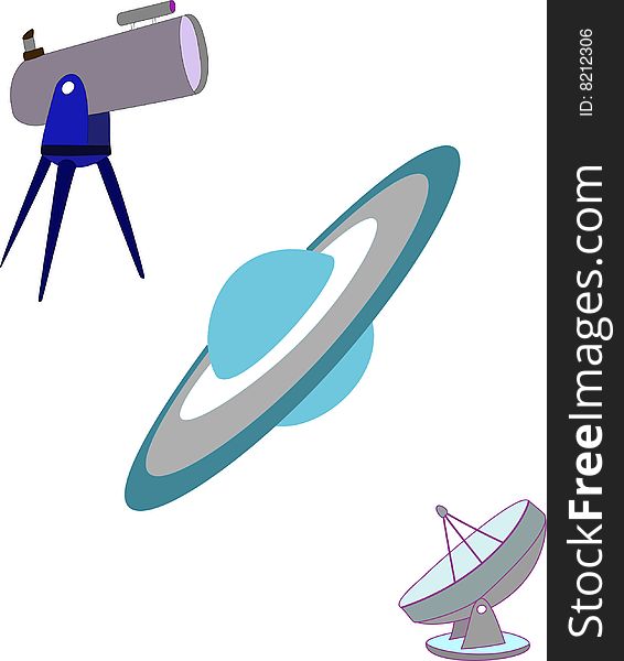 Telescope, planet with an orbital ring, a radio telescope, the optical device, the electronic device. Telescope, planet with an orbital ring, a radio telescope, the optical device, the electronic device