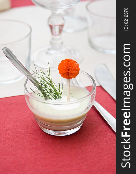 Wedding reception aperitif on a red napkin. Wedding reception aperitif on a red napkin