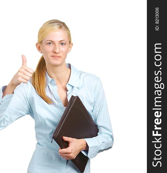 Business woman thumbs up with folio