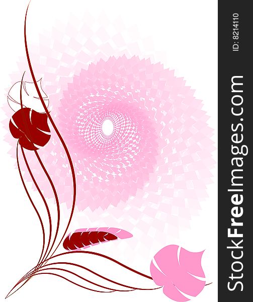 Abstract leaves on an elegant spiral background. Tints of red and pink color. Vertical card. Abstract leaves on an elegant spiral background. Tints of red and pink color. Vertical card.