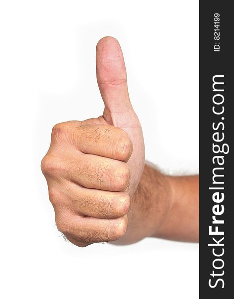 Hairy male hand shows a thumbs up sign on white background. Hairy male hand shows a thumbs up sign on white background