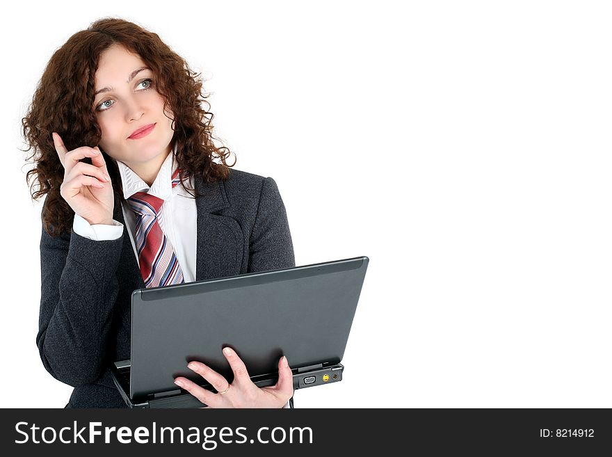 Thinking - Business woman with notebook isolated on white