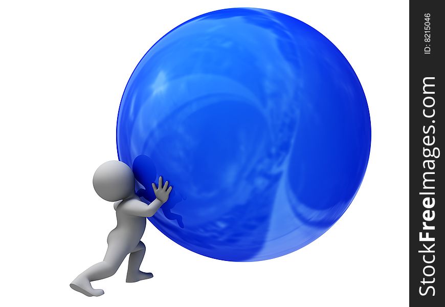 Abstract man push on big blue ball.
