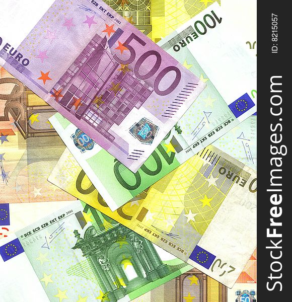 Euro banknotes of different value background. Euro banknotes of different value background