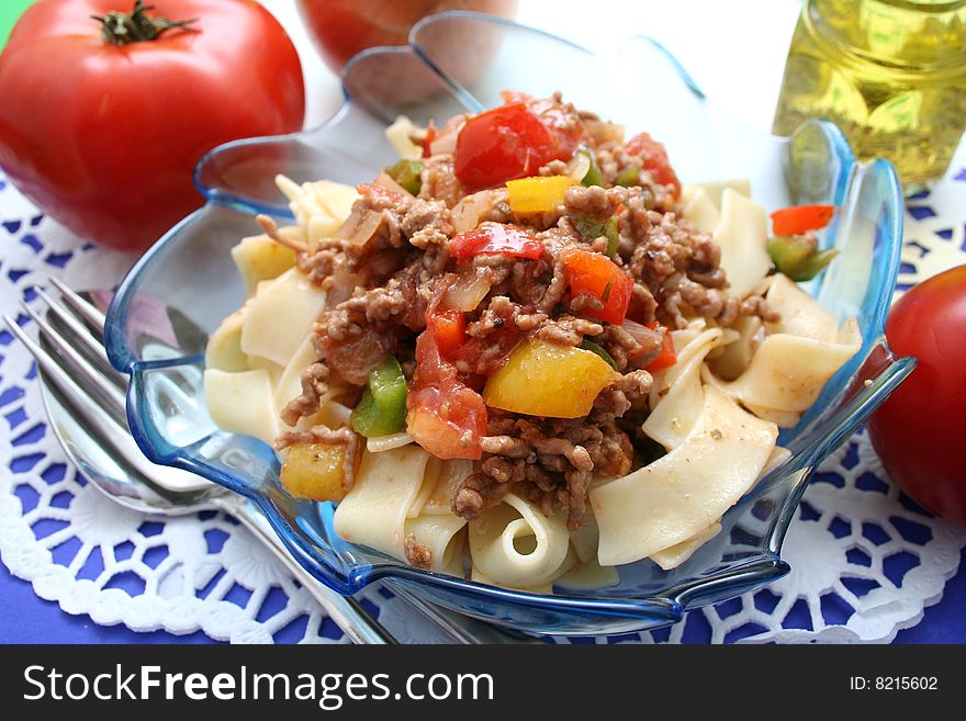 Fresh italian pasta with meat and paprika. Fresh italian pasta with meat and paprika
