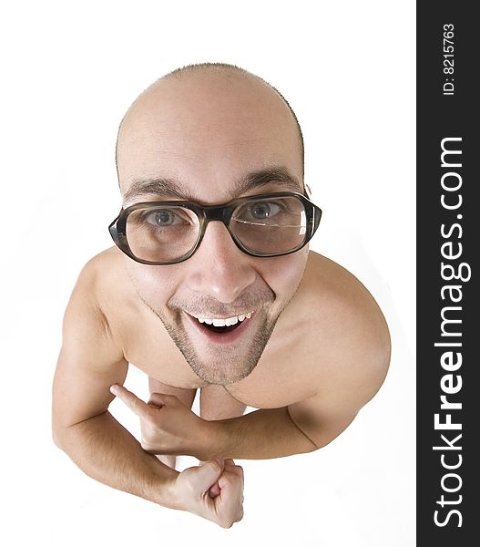 Funny guy showing his muscles over white background