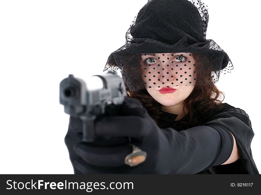 Girl in hat with gun isolated on white. Girl in hat with gun isolated on white