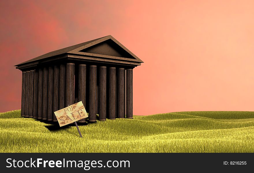 3d illustration of old temple in the middle of the grass(stocks exchange building symbol)