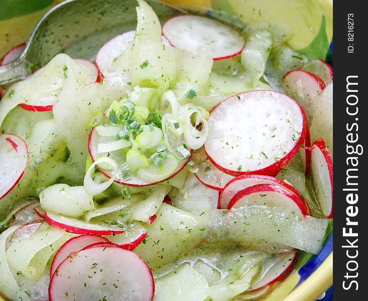 A fresh salad of cucumbers and red radish